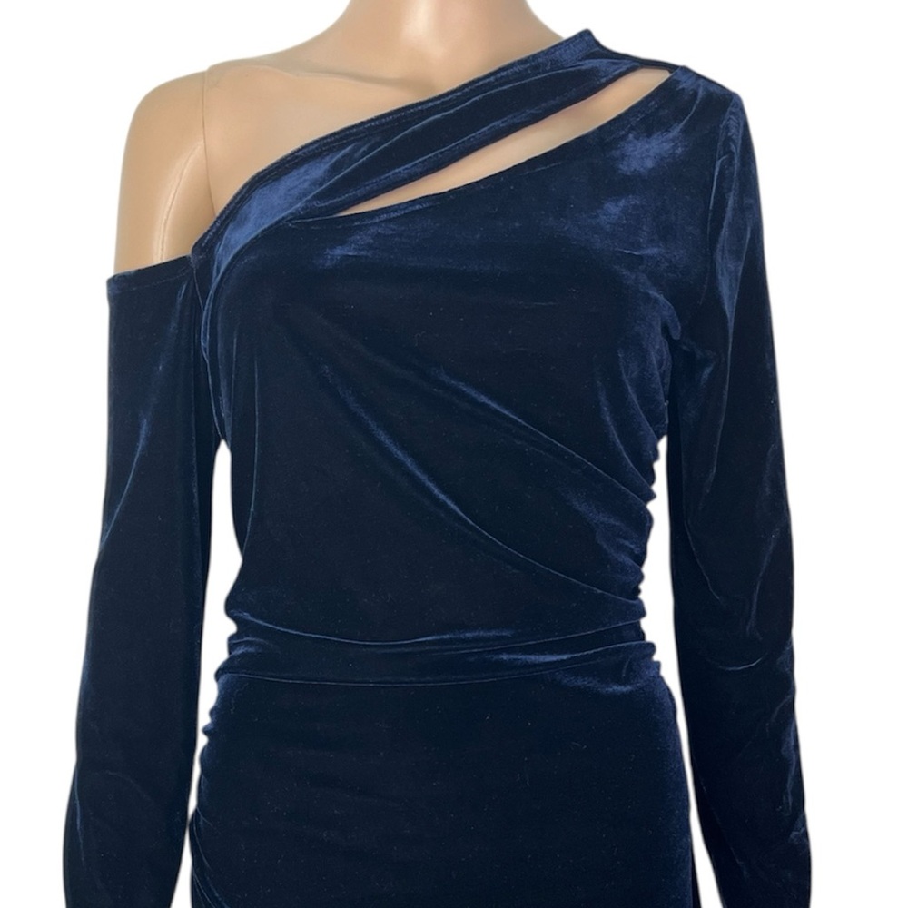 REISS New Camilla Blue Velvet Asymmetric Neck Cutout Party Cocktail Dress - Picture 4 of 12